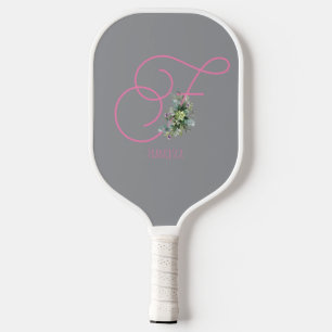 White pink monogram watercolor flower pickleball paddle