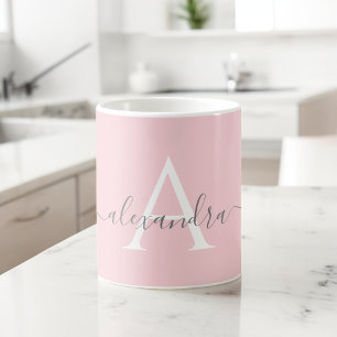 White Pink Name Initial Monogram Elegant Script Coffee Mug