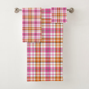 White Pink Orange Plaid Tartan Design  Bath Towel Set