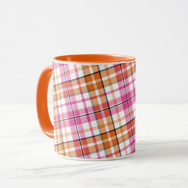 White Pink Orange Plaid Tartan Design  Mug (Front Left)
