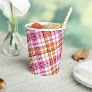 White Pink Orange Plaid Tartan Design Paper Cups