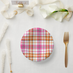 White Pink Orange Plaid Tartan Design Paper Plate