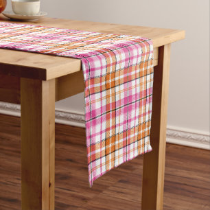 White Pink Orange Plaid Tartan Design Short Table Runner
