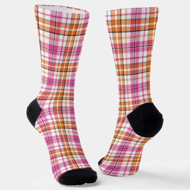 White Pink Orange Plaid Tartan Design  Socks (Angled)