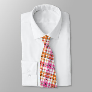 White Pink Orange Plaid Tartan Design Tie