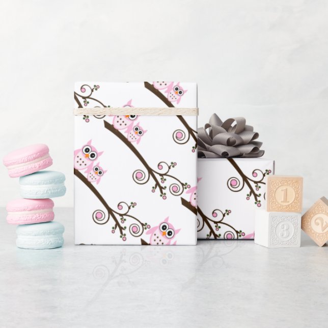 White & Pink Owl Theme Party Wrapping Paper (Baby Shower)