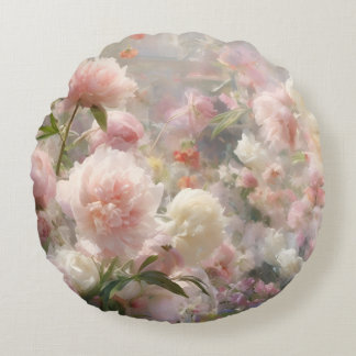 White & Pink Peonies Watercolor Painting Round Cushion