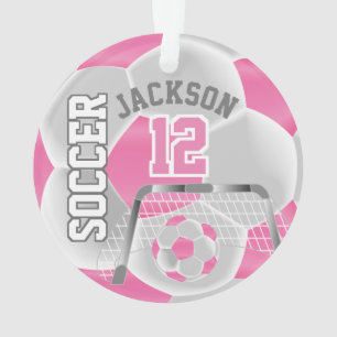 White & Pink Personalise Soccer  ⚽ Ornament