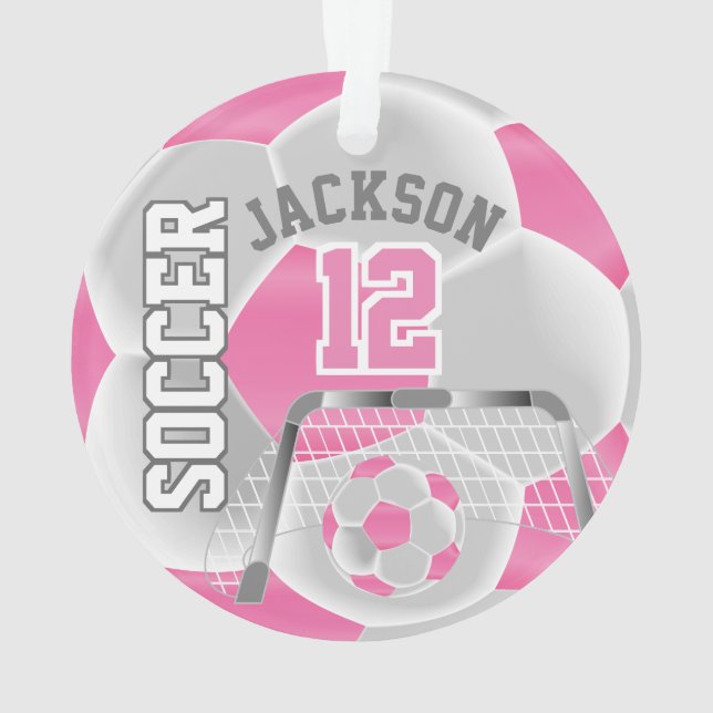 White & Pink Personalise Soccer  ⚽ Ornament (Back)
