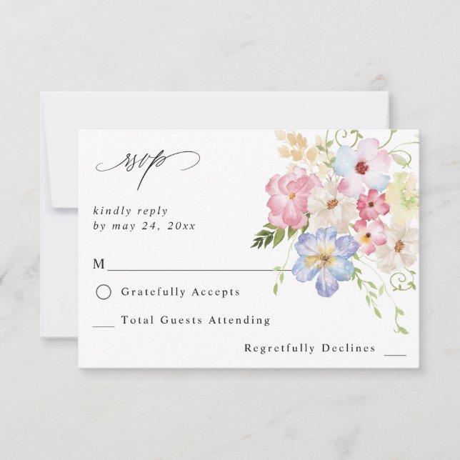 White Pink & Purple Floral no Meal RSVP Card (Front)