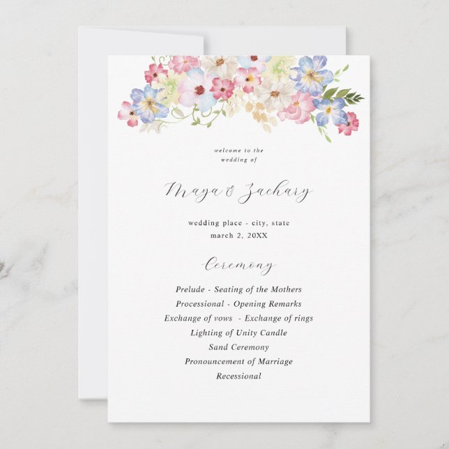 White Pink &Purple Floral Wedding Ceremony Program Invitation (Front)