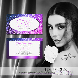 White Pink Purple Glitter Monogram Professional  Business Card