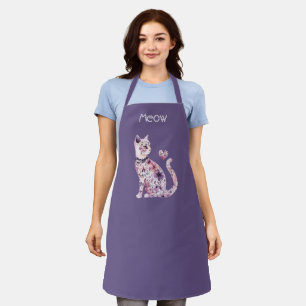 White Pink Purple Hearts Floral Cat Birthday Apron