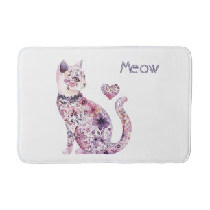 White Pink Purple Hearts Floral Cat Birthday Bath Mat