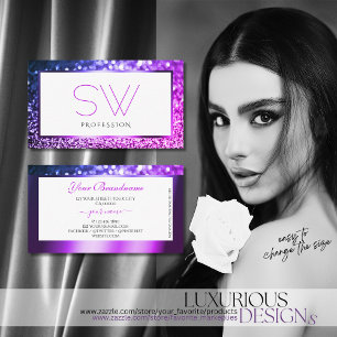 White Pink Purple Ombre Sparkling Glitter Monogram Business Card
