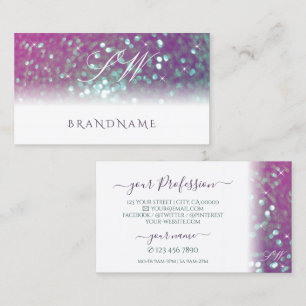 White Pink Purple Teal Sparkling Glitter Initials Business Card