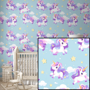 White Pink Purple Unicorns & Stars on Light Blue Wallpaper