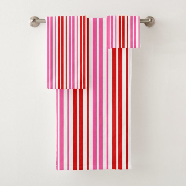 White Pink Red Vertical Stripes Design   Bath Towel Set (Insitu)