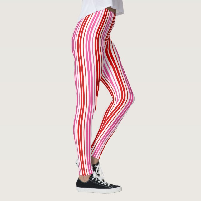 White Pink Red Vertical Stripes Design   Leggings (Right)