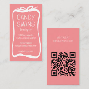 White Pink Ribbon Bows Sweet Custom QR Code Girly Business Card