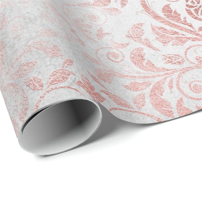 White Pink Rose Gold Floral Grungy Metallic Grey Wrapping Paper (Roll Corner)