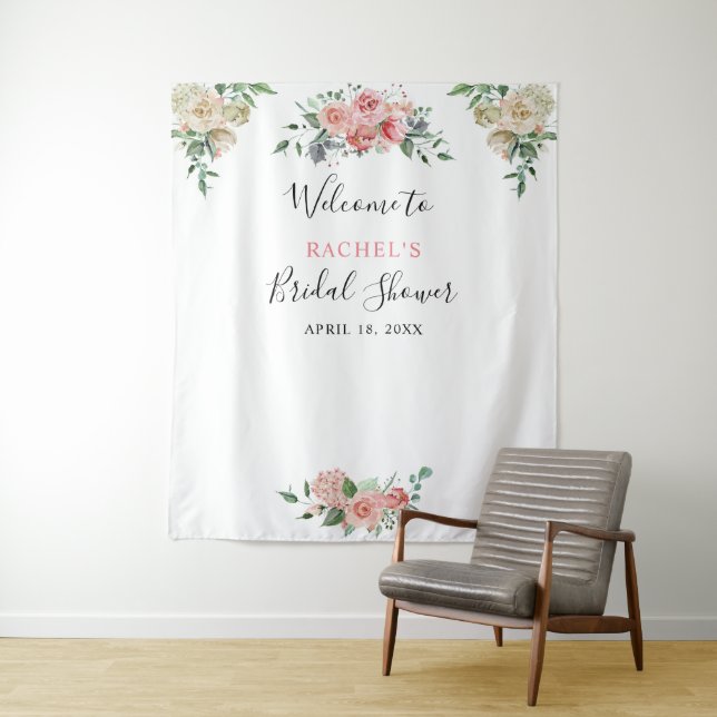 White Pink Rose Watercolor Welcome Bridal Shower Tapestry (In Situ)