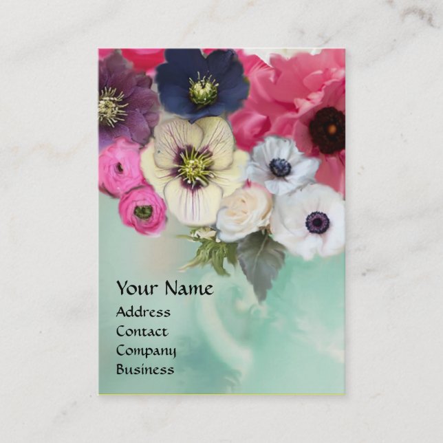 WHITE PINK ROSES AND ANEMONE FLOWERS MONOGRAM BUSINESS CARD (Front)