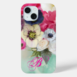 WHITE PINK ROSES AND ANEMONE FLOWERS MONOGRAM iPhone 15 CASE