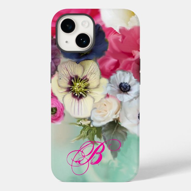 WHITE PINK ROSES AND ANEMONE FLOWERS MONOGRAM Case-Mate iPhone CASE (Back)