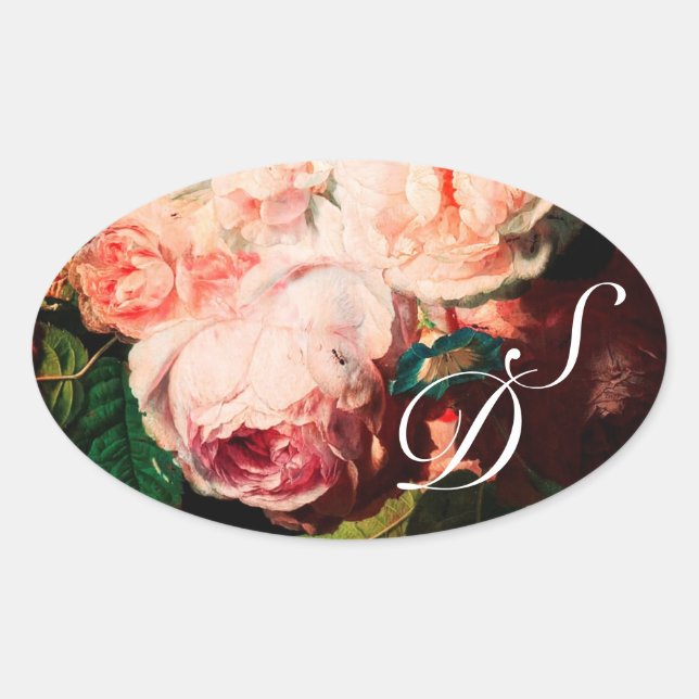 WHITE PINK ROSES AND MORNING GLORY MONOGRAM OVAL STICKER (Front)
