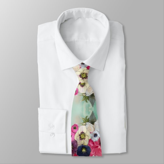 WHITE PINK ROSES ,ANEMONE FLOWERS,AQUA BLUE FLORAK TIE (Tied)