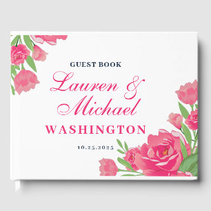 White Pink Roses Flower Bouquet Floral Wedding Guest Book