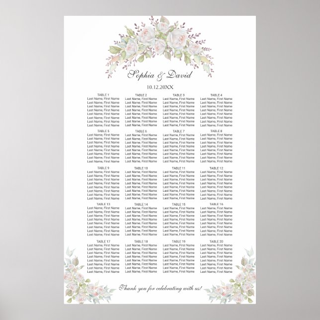 White Pink Roses Wedding Seating Chart 160 guests (Front)