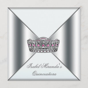 White Pink Silver Tiara Quinceanera 15th Party Invitation