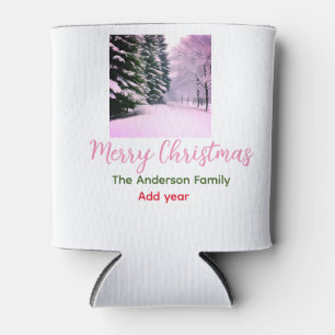 White pink snow merry Christmas add family name da Can Cooler