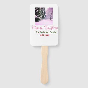 White pink snow merry Christmas add family name da Hand Fan