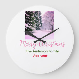 White pink snow merry Christmas add family name da Large Clock