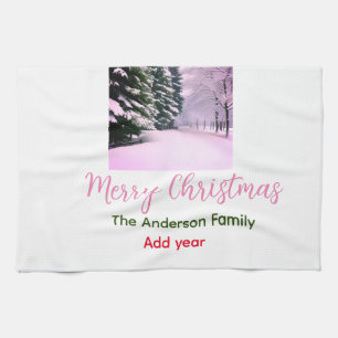 White pink snow merry Christmas add family name da Tea Towel