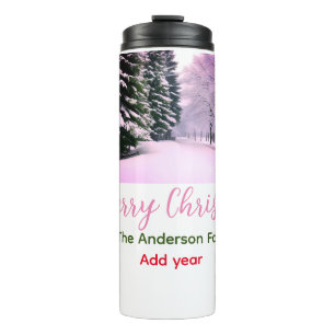 White pink snow merry Christmas add family name da Thermal Tumbler