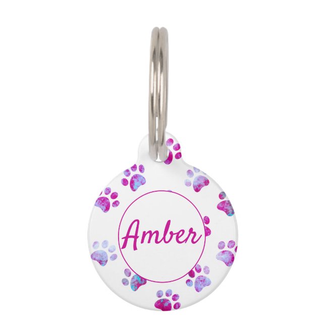 White Pink Textured Paw Print Personalised  Pet Tag (Front)