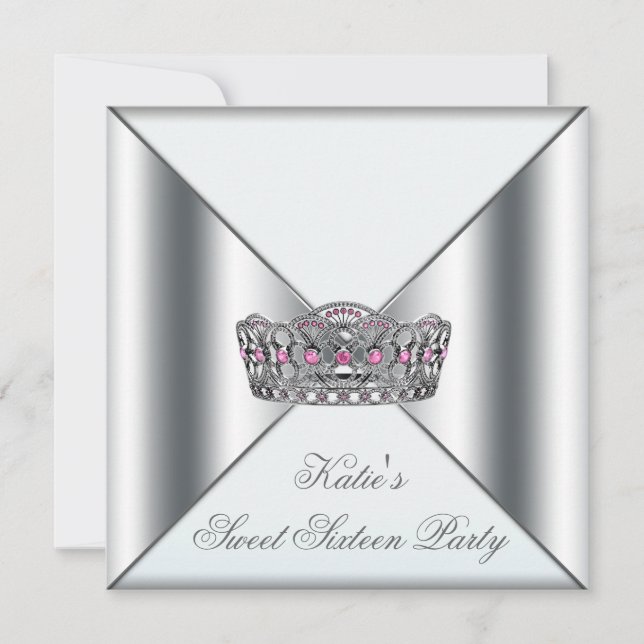 White Pink Tiara White Sweet 16 Party Invitation (Front)