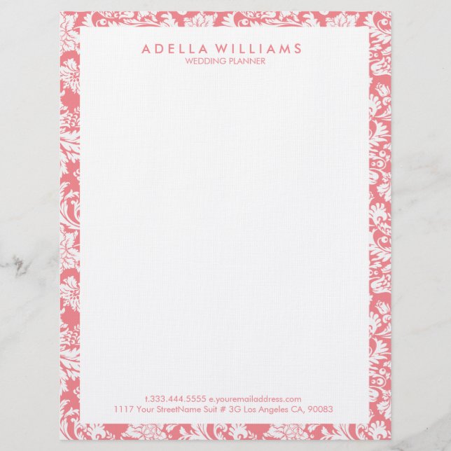 White & Pink Vintage Floral Damasks Pattern Letterhead (Front)