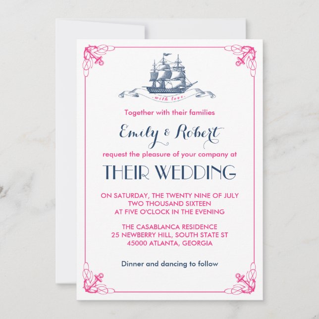 White Pink Vintage Ship Anchor Wedding Invitation (Front)