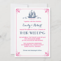 White Pink Vintage Ship Anchor Wedding Invitation
