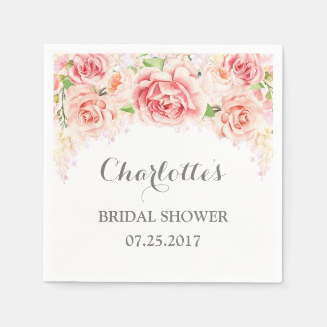 White Pink Watercolor Floral Bridal Shower Napkin (Front)
