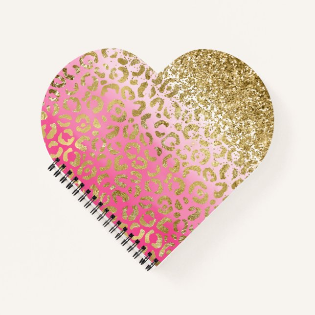 White Pink Watercolor Gold Glam Leopard Glitter Notebook (Front)
