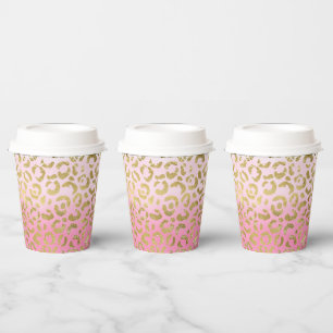White Pink Watercolor Gold Glam Leopard Print Paper Cups