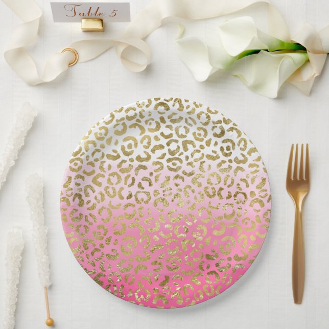 White Pink Watercolor Gold Glam Leopard Print  Paper Plate (Wedding)