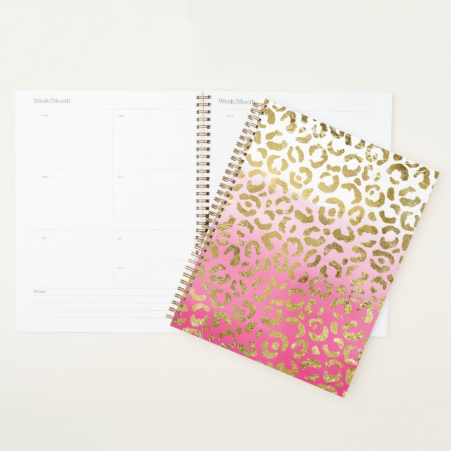 White Pink Watercolor Gold Glam Leopard Print  Planner (Display)