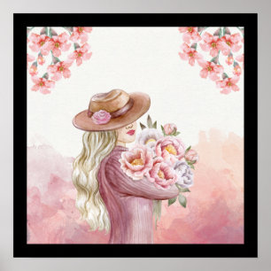 white, pink watercolor Vintage Lady Floral beauty Poster